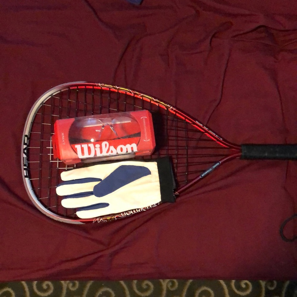 Racquet, right hand glove, eye protection